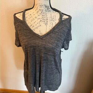 NWT Juicy Couture Gray Cold-Shoulder V-Neck Top with Embellished Trim - XL